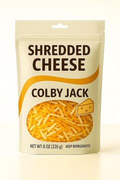 Rendering of Shredded Cheese Packaging with Label and Writing Isolated on White Generative Illustration Colby Jack