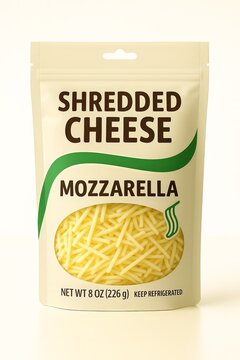 Rendering of Shredded Cheese Packaging with Label and Writing Isolated on White Generative Illustration Mozzarella