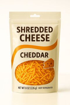 Rendering of Shredded Cheese Packaging with Label and Writing Isolated on White Generative Illustration Cheddar