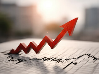 Red zigzag arrow rising sharply upward above financial chart symbolizing business growth and increasing market trends in a bright setting