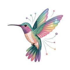 Obraz premium Whimsical Rainbow Hummingbird with Sparkles and Bubbles transparent background