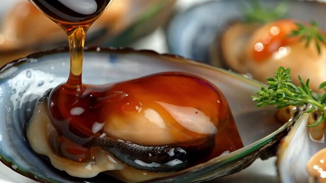 Close-up of an open mussel in its shell being drizzled with a thick dark sauce from a spoon