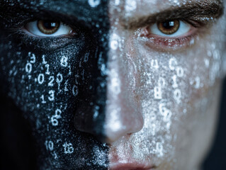 Human face split with digital code and data overlay in a futuristic style