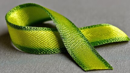 Obraz premium Green ribbon loop on gray surface close up.