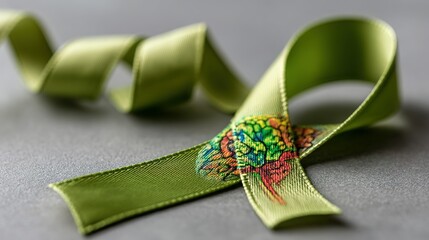 Green ribbon with tree design on gray surface symbolizes support awareness.