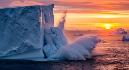 Majestic Iceberg Breaking Off in Arctic Sunrise.