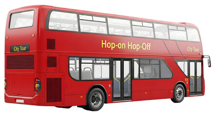 Red double-decker bus labeled for city tours parked with empty seats, showcasing urban scenery