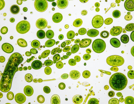 Green algae cells under microscope show diverse round and oval shapes with intricate internal structures, creating vibrant and detailed microscopic natural pattern