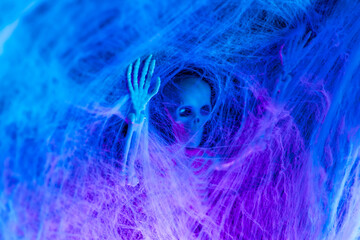 Spooky Halloween wallpaper.close-up of a skeleton head in a spider web.Skeleton Emerging from Spider Web in Blue Light.Creepy Halloween Decor.Skeleton in the web in blue light 