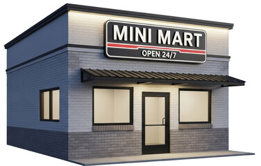 Obraz premium Modern convenience store exterior showcasing a Mini Mart open 24/7 with bright signage and inviting design