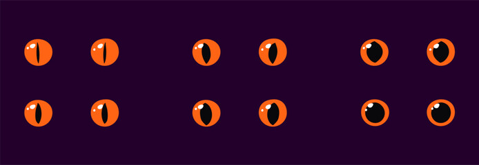 Set of orange glowing eyes dark background fantasy magic cartoon animal reptile feline mammal monster demon dragon shiny pupil vector illustration