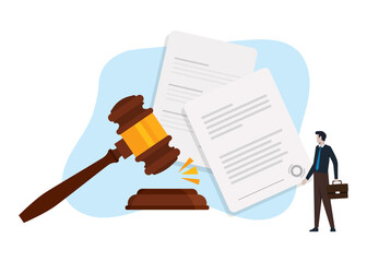 Lawyer holding a legal document. Legal document, law and judgment approval paper concept, mature lawyer holding legal document with a gavel hammer symbol of court or judgement. stock illustration.