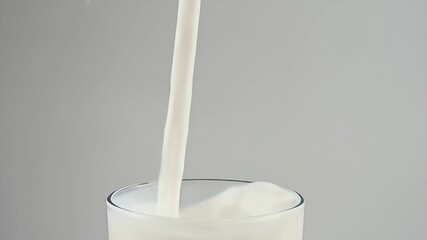 A  shot captures the dynamic moment of milk splashing upwards, forming a crown shape, with small droplets scattered against a soft grey background. - Powered by Adobe