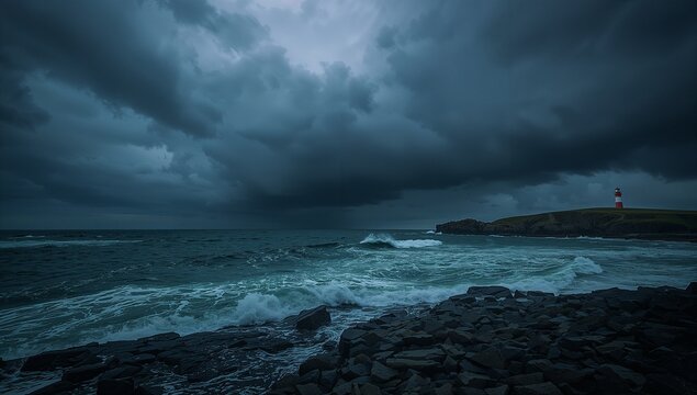 Stormy seascape with faintly glowing lighthouse