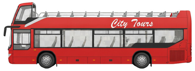 Red double-decker city tour bus parked on a street, showcasing urban scenery and sightseeing