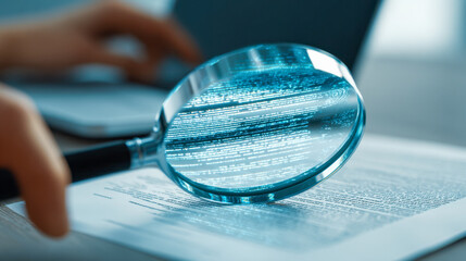 A person examining digital data through a magnifying glass on a printed document, highlighting detailed information and emphasizing analytical investigation in a high-tech environm