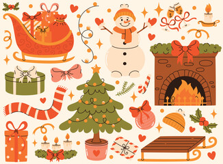 A cozy Christmas set with a Christmas tree, snowman, gifts, fireplace, sleigh, and glasses of champagne.