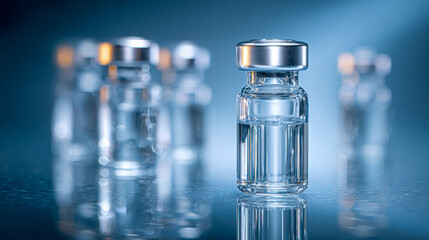 Transparent glass vials with clear liquid on reflective surface arranged in scientific laboratory setting against blue background for medical research or vaccination conc