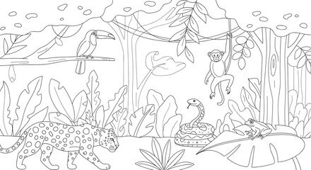 Fototapeta premium Vector outlined jungle scene with jaguar, toucan, monkey, snake, and frog in a forest setting