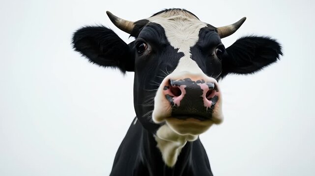 view of a cow looking directly at the camera against a plain, soft, and overcast background, emphasizing its distinct black and white markings, and textured snout.