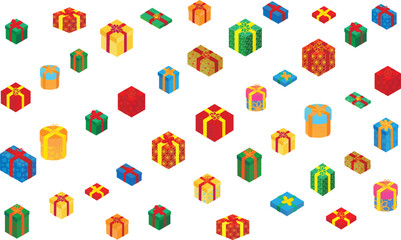 Vector. 3d Christmas decorative gift boxes isolated on white background. Holiday decorations under Christmas tree. New Year gift collection. Wrapped 3d birthday gift boxes. Wrapping paper.