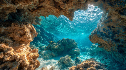 Fototapeta premium Scenic underwater view of vibrant coral formations and clear blue ocean light streaming through a rocky cave opening beneath the sea surface