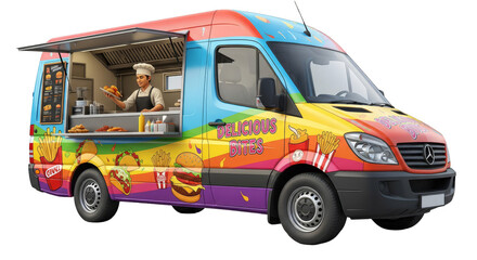 Vibrant food truck serving delicious meals with a chef preparing food inside and colorful graphics
