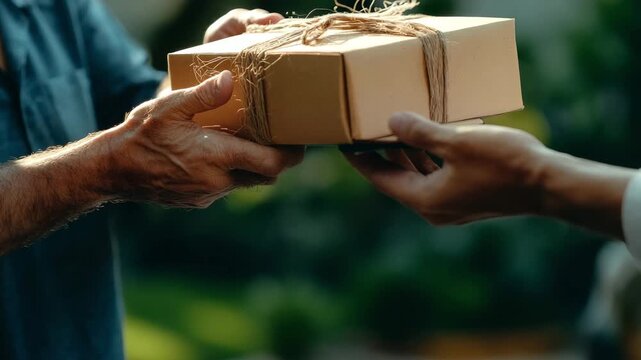 Hands Exchanging Small Cardboard Package in Natural Light with Soft Focus Background in Outdoor Setting