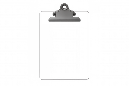 Transparent empty clipboard with metal clip, ideal for documents, notes, or mockup presentations, on a checkerboard background