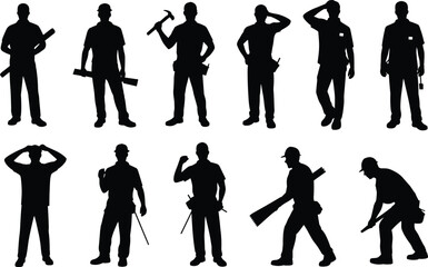 Silhouettes of male workers with tools, construction and labor poses, industrial profession illustration, building teamwork vector, strong men at work, handyman concept art