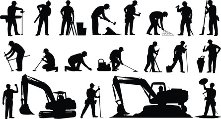 Construction workers, silhouettes, laborers, teamwork, digging, machinery, tools, building site, civil engineering, contractor, industry, workforce, job site