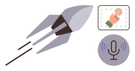 Rocket in motion, hand gesture for selection, microphone icon for voice command. Ideal for technology, automation, innovation, future potential, progress simplicity connectivity. Simple flat