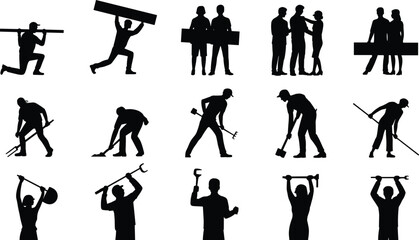 Construction workers, teamwork, labor, builders, tools, silhouettes, industry, teamwork, effort, strength, job, occupation, construction, teamwork silhouettes