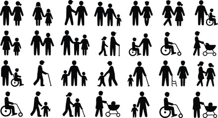 Family icons, diversity, inclusion, generations, people, care, love, support, community, parenting, disability, elderly, children, stroller, compassion, relationship