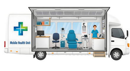 Mobile health unit showcasing medical equipment and staff inside, promoting accessible healthcare services
