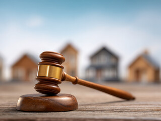 Wooden judge gavel placed on a wooden surface with blurred residential houses in the background symbolizing real estate law and property dispute resolution