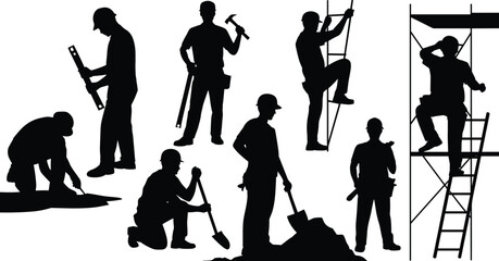 Construction workers silhouettes, building site laborers, teamwork and tools, scaffolding work, digging and measuring, manual labor, industry workforce