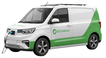 Electric delivery van parked in an urban setting, showcasing eco-friendly transportation options