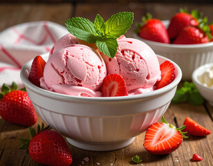 Strawberry ice cream scoops in white bowl garnished with fresh mint and sliced strawberries on wooden table with whole strawberries and cloth in background, evoking sweet summer delight