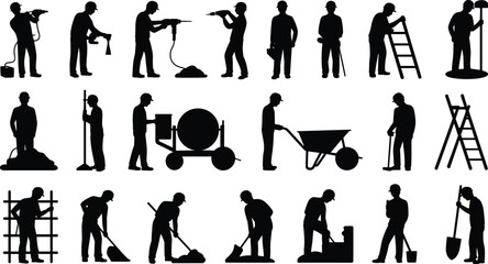 Construction workers silhouettes, laborers using tools, building site, industrial work, masonry, excavation, mixing cement, shoveling, teamwork, hard labor