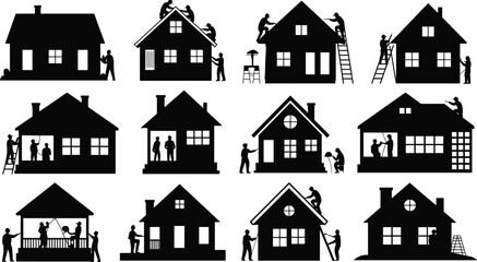 House construction silhouettes, home renovation, workers repairing buildings, residential maintenance, handyman service, roof repair, carpentry, painting