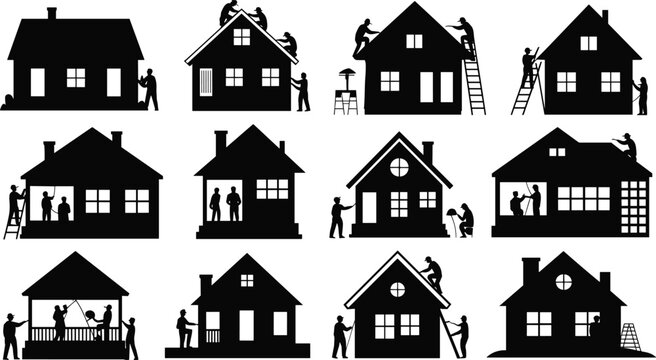House construction silhouettes, home renovation, workers repairing buildings, residential maintenance, handyman service, roof repair, carpentry, painting - Powered by Adobe