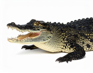 American alligator with open mouth showing sharp teeth and textured skin lying on white background, displaying powerful jaw and detailed scales in close up view