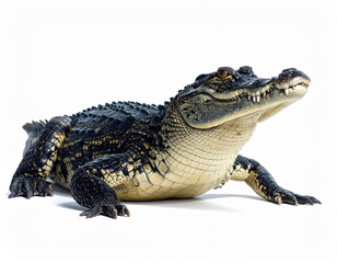 American alligator reptile animal with scaly skin and sharp teeth lying on white background in studio