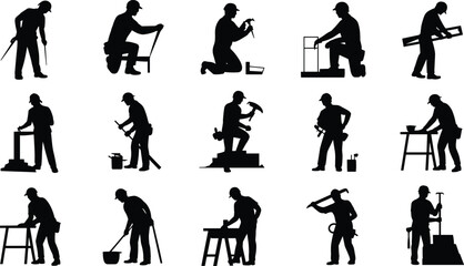 Obraz premium black construction worker silhouettes, carpenters and builders using tools, hammering, drilling, and measuring, industrial labor poses vector illustration for design projects