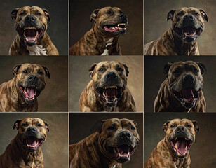 Happy brindle dog with open mouth showing teeth in various joyful expressions in studio setting with dark background