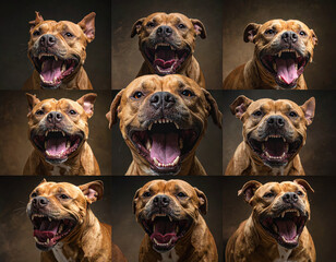 Happy dog smiling with open mouth in various expressions, brown dog showing teeth and tongue, joyful pet with playful mood in studio lighting