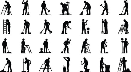 black construction worker silhouettes set, labor people working with tools and ladders vector illustration, industrial teamwork concept, occupation jobs art on white background