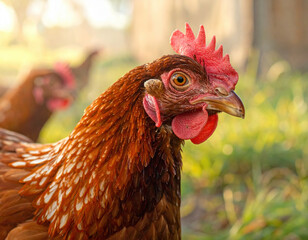 Brown chicken close up with red comb and wattles in natural outdoor environment with blurred background and soft sunlight