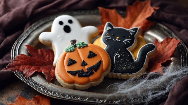 Festive Halloween treats spooky sugar cookies ghost pumpkin and black cat on vintage tray with autumn leaves